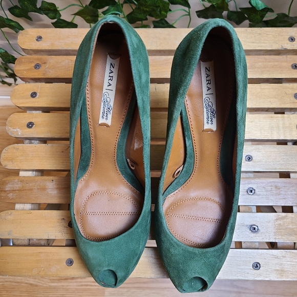 Zara Women's Faux Suede Green Gold Platform Evening Peep Toe Heel - Picture 12 of 16